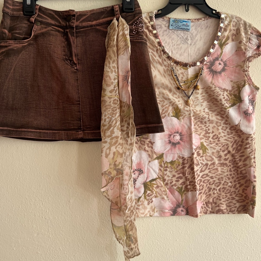 Miss Blumarine Pink Floral Top Brown Skirt jeans 3 Pc Set belt Italy size 10-12 - Picture 3 of 12